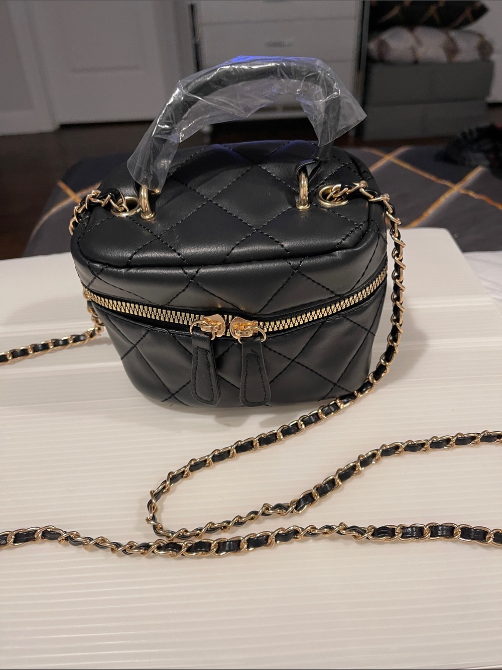 Black Quilted Mini Crossbody with Gold Chain Strap - Picture 2 of 8